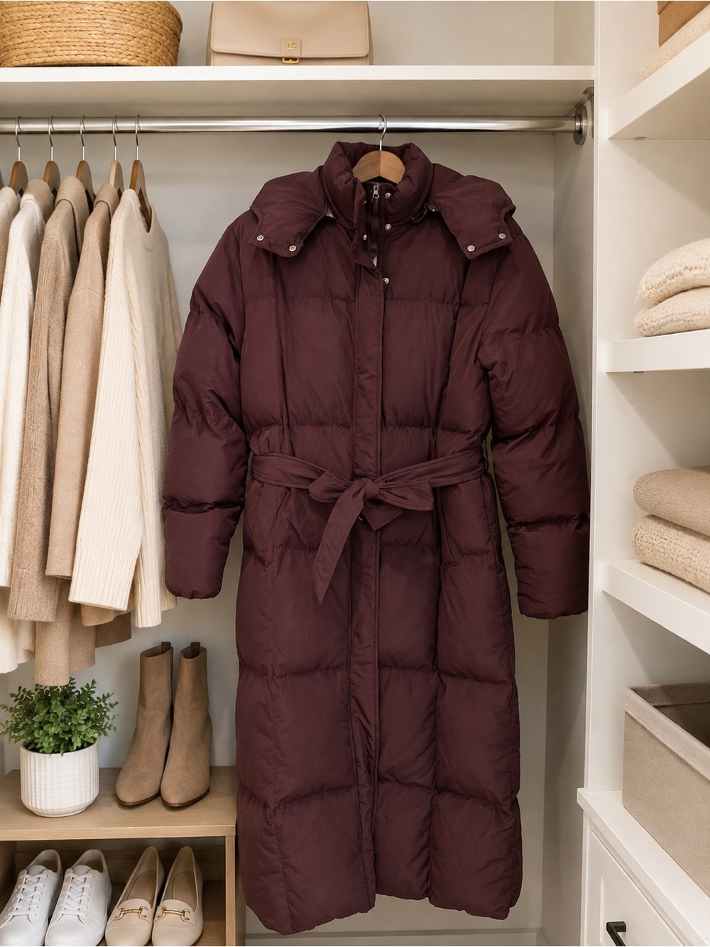Women's Long Belted Puffer Coat - Brown